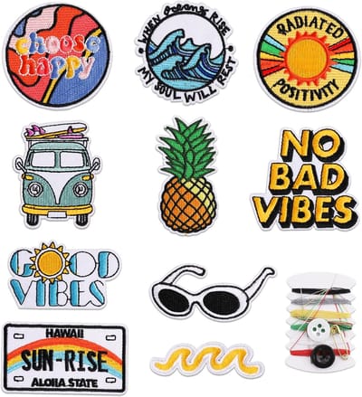 Famanu - Set van 10 geborduurde opstrijkpatches met naaikit, duurzaam voor kleding of jassen – Multicolor