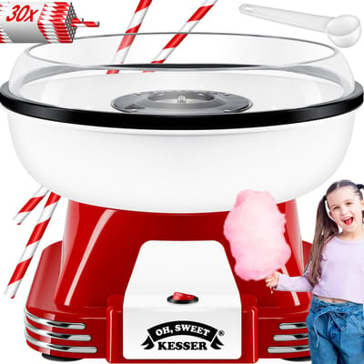 KESSER® Suikerspinmachine Set voor thuis - Met 30x Suikerspinstaafjes & Maatschep - Retro Suikerspinmachine - Suikerspinmachine Met Accessoires - Hoogte 22 cm - 500 W - Rood / Wit