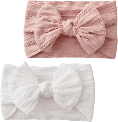 Turban Haarband voor Baby Meisjes - Zachte Nylon Strik Hoofdband, Elastische Haaraccessoires voor Pasgeborenen en Peuters (Roze en Wit)