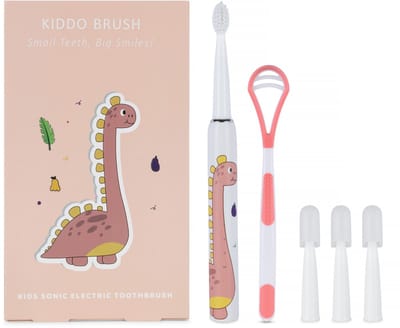 Kiddo Brush Elektrische Tandenborstel voor Kinderen (Vanaf: 3+ jaar) - Inclusief 4 opzetborstels & Tongscraper - 100 dagen batterijduur - Kindertandenborstel geschikt voor kind & peuter - Dino