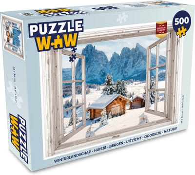 Puzzel Winterlandschap - Huisje - Bergen - Uitzicht - Doorkijk - Natuur - Legpuzzel - Puzzel 500 stukjes