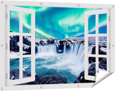 Gards Tuinposter Doorkijk Watervallen met het Groene Noorderlicht - 120x80 cm - Tuindoek - Tuindecoratie - Wanddecoratie buiten - Tuinschilderij