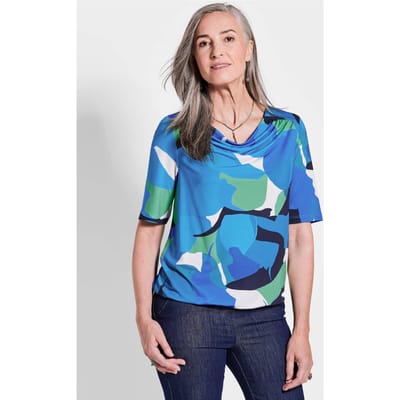 Shirt met print en watervalhals - blauw / groen / gedess. - Gr. 38 van Goldner Fashion