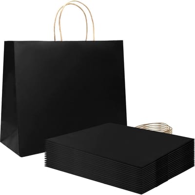 Papieren zakken met handgrepen - zwart - 27 x 12 x 21 cm - 20 stuks - voor verjaardagsfeestje, bruiloft - 130 g/m²