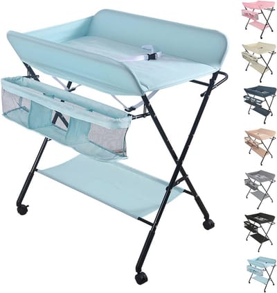 Opvouwbare en Draagbare Verschoontafel voor Baby - Hoogte Verstelbaar, Met 4 Wielen, Giraffe Patroon - 74 x 63 x 92-98 cm (hemelsblauw)