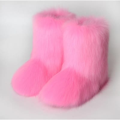 Dames Faux Fur Laarzen Winter Pluizige Pluche Warme Middenkuit Sneeuwlaarzen Luxe Mode Furry Laarzen Comfortabele Outdoor Platte Schoenen 36 roze
