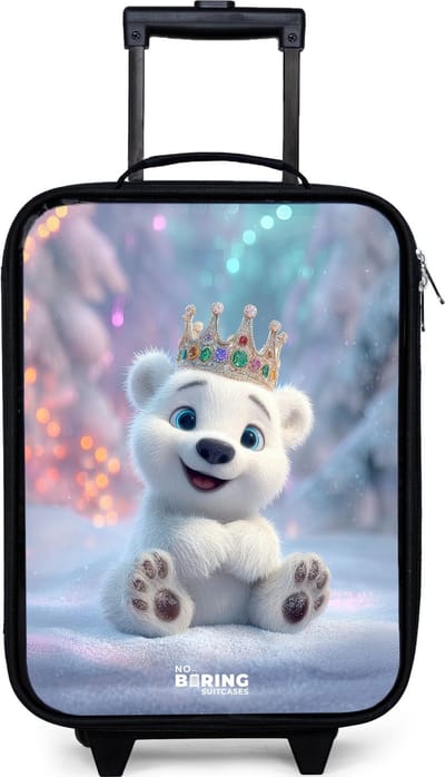 NoBoringSuitcases.com® - Kinderkoffer jongen - Kindertrolley meisje - IJsbeer - Kroon - Winter - Koffer kind lichtgewicht - Reiskoffer trolley voor kinderen - Koffertje met lichtgevende wieltjes - Rolkoffer zwart
