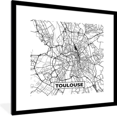 Fotolijst incl. Poster Zwart Wit- Kaart - Stadskaart - Toulouse - Frankrijk - Plattegrond - Zwart wit - 40x40 cm - Posterlijst