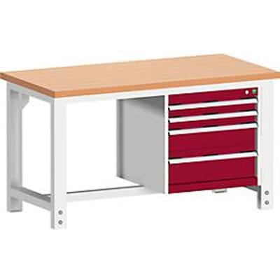 Bott cubio werkbank, handmatig in hoogte verstelbaar, koper beukenhout, B 1500 x D 750 x H 740-1140 mm, 1200 kg, paars RAL 3004/lichtgrijs RAL 7035