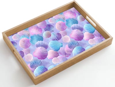 Dienblad hout 50x35 cm - Schootdienblad - Schelpen - Paars - Blauw - Patroon - Borrelplank rechthoek - Plateau dienbladen