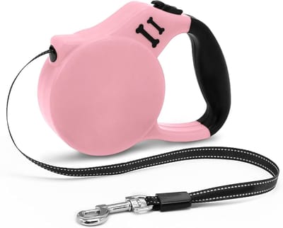 Rollijn hondenriem 5 m - uitrolbare hondenriem met reflecterende nylon band, 360° anti-klit - anti-slip handgreep, met LED licht - roze