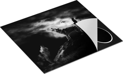 Chefcare Inductie Beschermer Drie Huilende Wolven tijdens Volle Maan - Zwart Wit - 60x50 cm - Afdekplaat Inductie - Kookplaat Beschermer - Inductie Mat