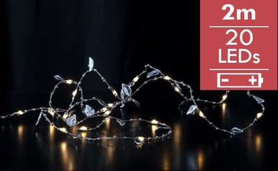 Dauwdruppel "Blad"- 200cm -20 leds -lichtkleur: Warm Wit -Werkt op batterijen -Met timer functie -Kerstdecoratie