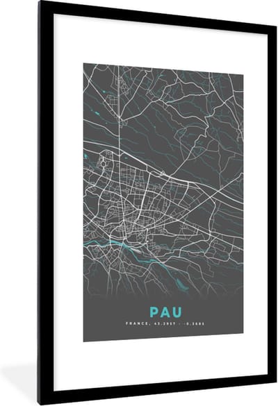 Fotolijst incl. Poster - Pau - Stadskaart - Kaart - Plattegrond - Frankrijk - 60x90 cm - Posterlijst