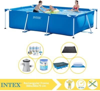 Intex Rechthoekig Frame Zwembad - 300 x 200 x 75 cm - Blauw - Inclusief Afdekzeil - Onderhoudspakket - Zwembadfilterpomp - Filter - Grondzeil - Solar Mat - 7-delig