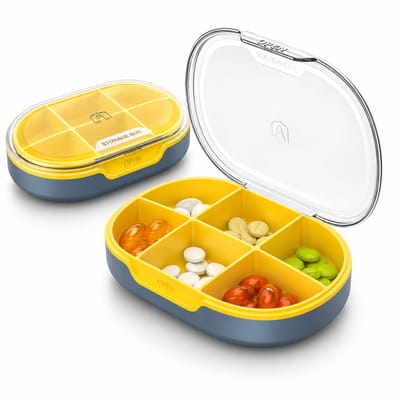 Pillen Doosje met 6 Vakken | Medicijndoos Compact | Reissetje voor Tabletten & Supplementen | Geel