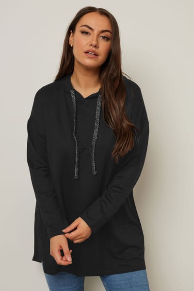Yours Hoodie Met Lange Achterkant En Trekkoord Met Metallic Detail In Zwart Size 46