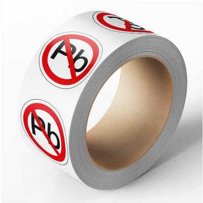 Sticker 'RoHS Loodvrij (Pb)', 25 m op rol, rood/wit Ø 30 mm