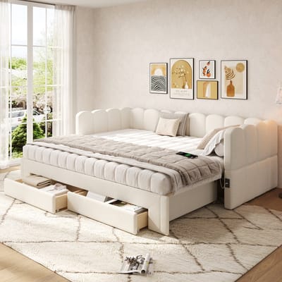 Slaapbank - 90x200 cm - Uitschuifbaar naar 180 cm - met 2 Lades en USB - Linnen - Beige