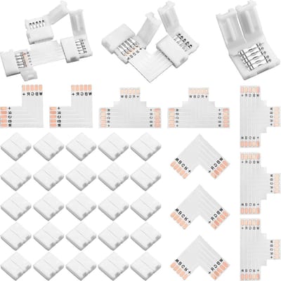 35 Stuks LED Strip Connector Set: Solderloze 5 Pin L-vormige en T-vormige Verbindingen voor 5050 en 3528 LED Strips, Geschikt voor Buitengebruik, Warm Wit Licht, 72W 2.3V