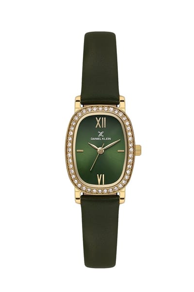 Daniel Klein DK.1.13943-4- Horloge - Polshorloge - Analoog - Dames - Vrouwen - Leren band - Ovaal - Metaal - Romeinse Cijfers - Donkergroen - Briljante goudkleurig