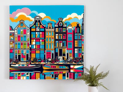 Pop art amsterdam schilderij | Levendige Amsterdamse stadsgezichten verweven met kleurrijke pop art elementen | Kunst - 75x75 centimeter op Forex | Foto op Forex