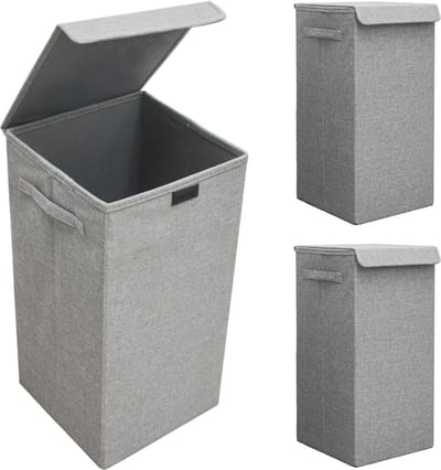 Set van 2: 50L Wasmand met Deksel - 30x30x60 Wasverzamelaar met Houten Frame - Wasbox Opvouwbaar
