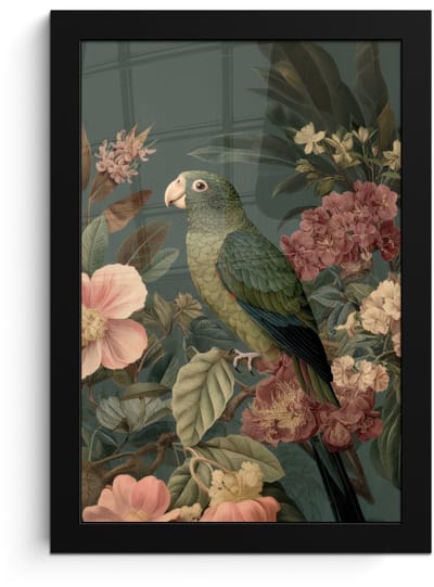 Poster in lijst - Fotolijst 20x30 cm - Posters - Groene papegaai - Kleurrijke bloemen - Donkere achtergrond - Posterlijst zwart - Decoratie - Wanddecoratie woonkamer - Muurdecoratie slaapkamer