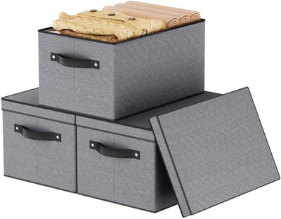 Unyqoos ® Opvouwbare Stoffen Opbergdoos met Deksel en Handvat voor Kleding en Boeken, Grijs, 33x23x18 cm
