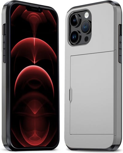 Hoesje Geschikt voor iPhone 14 Pro Hoesje Pasjeshouder Shockproof Hard Case - Hoesje Geschikt voor iPhone 14 Pro Hoes Met Kaarthouder - Grijs