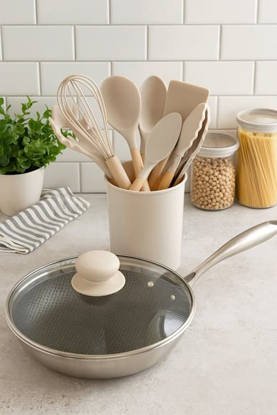 Kadirelli Keukenset 12-delig – Siliconen & Hout – Creamkleur – Hittebestendig & Vaatwasserbestendig