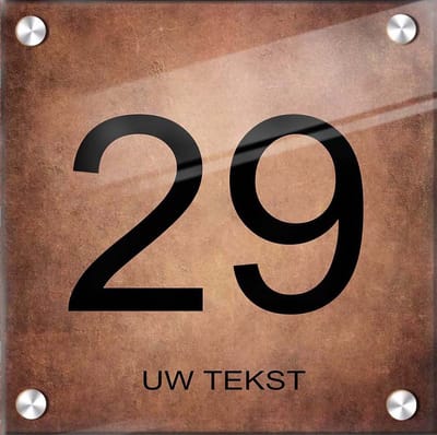 Huisnummer naambord plexiglas 20x20x0,5cm Brons design - model 1059 - met naam bedrukken Huisnummerbordjes, Naambordje voordeur, naamplaatje voordeur, huisnummer bord, huisnummer borden