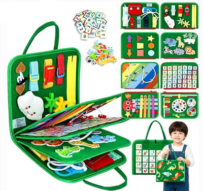 Montessori Activiteiten Boek - Busy Board - Perfect voor op Vakantie - Motoriek Map voor Thuis en Onderweg - Leren Veter Strikken - Activiteitenboek - Vaardigheden Kinderen - Educatief Spel