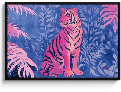 Poster in lijst - Fotolijst 120x80 cm - Posters - Tijger - Roze - Bladeren - Jungle - Posterlijst zwart - Decoratie - Wanddecoratie woonkamer - Muurdecoratie slaapkamer