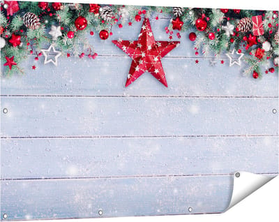 Gards Tuinposter Kerst Achtergrond met Sneeuw op Tafel - 120x80 cm - Tuindoek - Tuindecoratie - Wanddecoratie buiten - Tuinschilderij