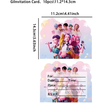 Perfect 12 STUKS Kpop Demon Hunters Thema Uitnodigingskaarten Enkel- en Dubbelzijdig Leuke Cartoon Verjaardagsfeest Uitnodigingskaarten voor Kinderen Fans