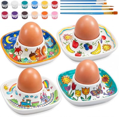 Porseleinen Eierdopjes Beschilder Je Eigen Eierdopjes Voor Pasen Inclusief Schilderset en Geschenkdoos Voor Pasen, Zelfgemaakt Verjaardagscadeau, Kampeercadeau(Set van 4,Verfset - Vierkant)