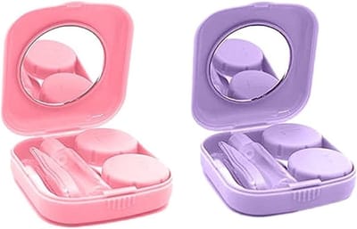 Hygienische Mini Contactlenshouder Set van 2 Stuks, Ideaal voor Reizen en Dagelijks Gebruik, Compact en Schattig Ontwerp in Roze en Paars