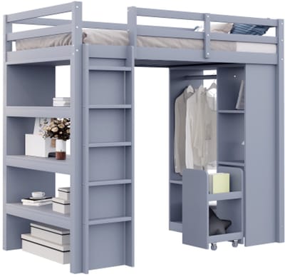 Kinderhoogslaper 90x200cm, met planken met meerdere niveaus, eenvoudige hangers en opbergvakken, met 1 uitneembare organizer, veel opbergruimte, jeugdbed, eenpersoonsbed, grijs