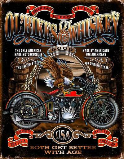 Ol' Bikes & Whiskey . Metalen wandbord 31,5 x 40,5 cm.