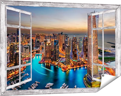 Gards Tuinposter Doorkijk Dubai Haven met de Stad - 120x80 cm - Tuindoek - Tuindecoratie - Wanddecoratie buiten - Tuinschilderij
