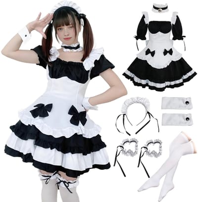 Dailygoods- Dienstmeisjeskostuum Zwart-Wit - Cosplay Outfit - Hoofdband - Korte Rok - Maten M/XL - Ademend Polyester - Maid Outfit
