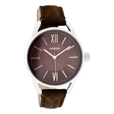 OOZOO Timepieces - Zilverkleurige horloge met donker bruine leren band - C7123
