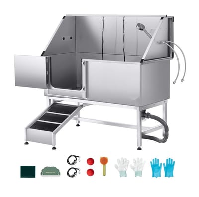 Hondenbadkuip & Wasstation - RVS Trimbad - Afmetingen 150 x 70 x 149,5 cm - Met Oprit - Kraan, Douchekop en Zeephouder - PE-Waterfilterplaat - Linkerdeur - Voor Alle Hondenmaten