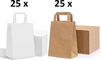 Bruine en Witte Draagtassen/ papieren tassen In Kraftpapier Met Platte Oren 18x8x22cm Papier Tasjes Met Handvat/ Cadeautasjes met vlak handgrepen / Zakjes/ kleine geschenkzakjes ideaal voor verjaardag, bruiloft, babyshower, winkelen, Kerstmis