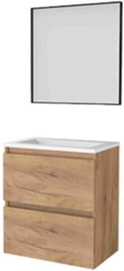 Basic-Line Framed 39 Badkamermeubelset - Ondiep - 60 x 39 cm - Greeploos - 2 Lades - Acryl Wastafel - Zonder Kraangat - Spiegel met Zwart Aluminium Frame - Whisky Oak