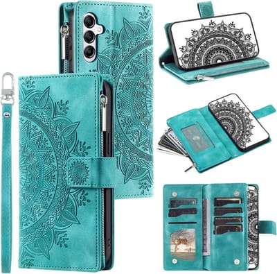 Telefoonhoesje geschikt voor Samsung Galaxy A56 5G - Portemonnee met rits - book-case hoesje - ruimte voor 8 pasjes - mandala groen