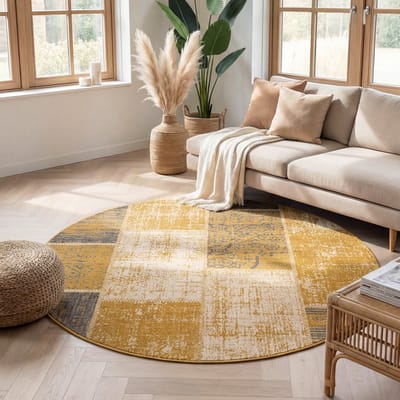 Fraai Rond patchwork vloerkleed - Spring Okergeel/Taupe - Ø 100cm