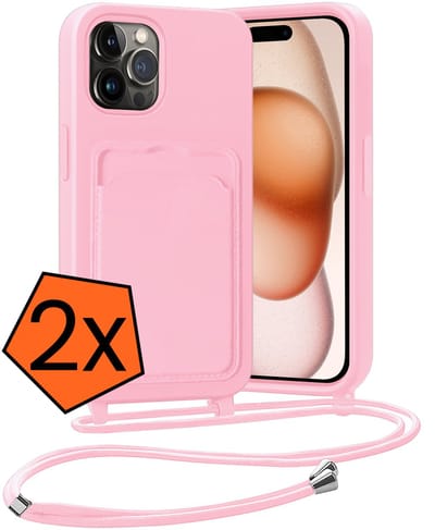 Hoesje Geschikt voor iPhone 14 Pro Hoesje Met Telefoonketting Pasjeshouder Case Koord - Hoesje Geschikt voor iPhone 14 Pro Hoes Met Kaarthouder - Lichtroze - 2 PACK
