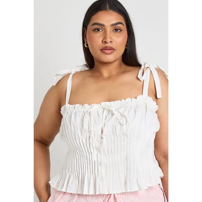 boohoo Dames Plus Melkmeid Geplisseerde Top Met Strikbandjes Op De Schouders | Wit | Maat: 44